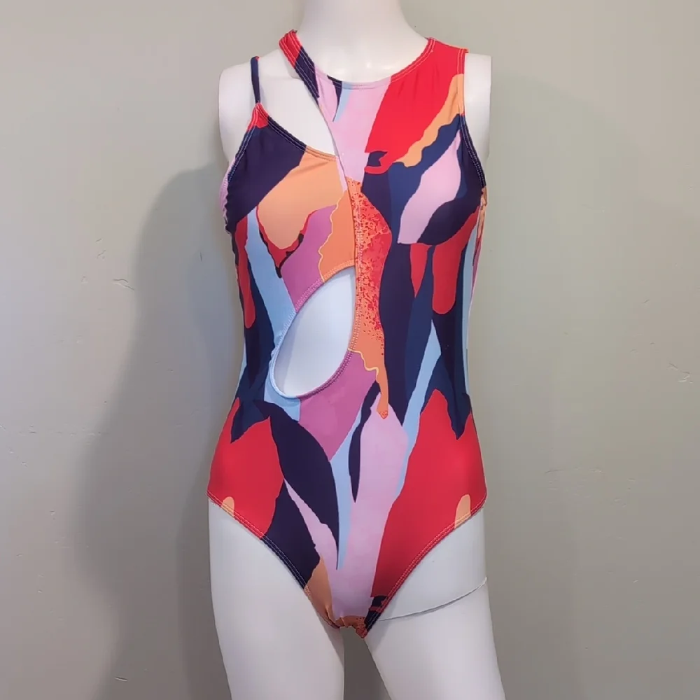 SHEIN Multicolor Abstract Cut Out One Piece Purple Swimsuit Size Small